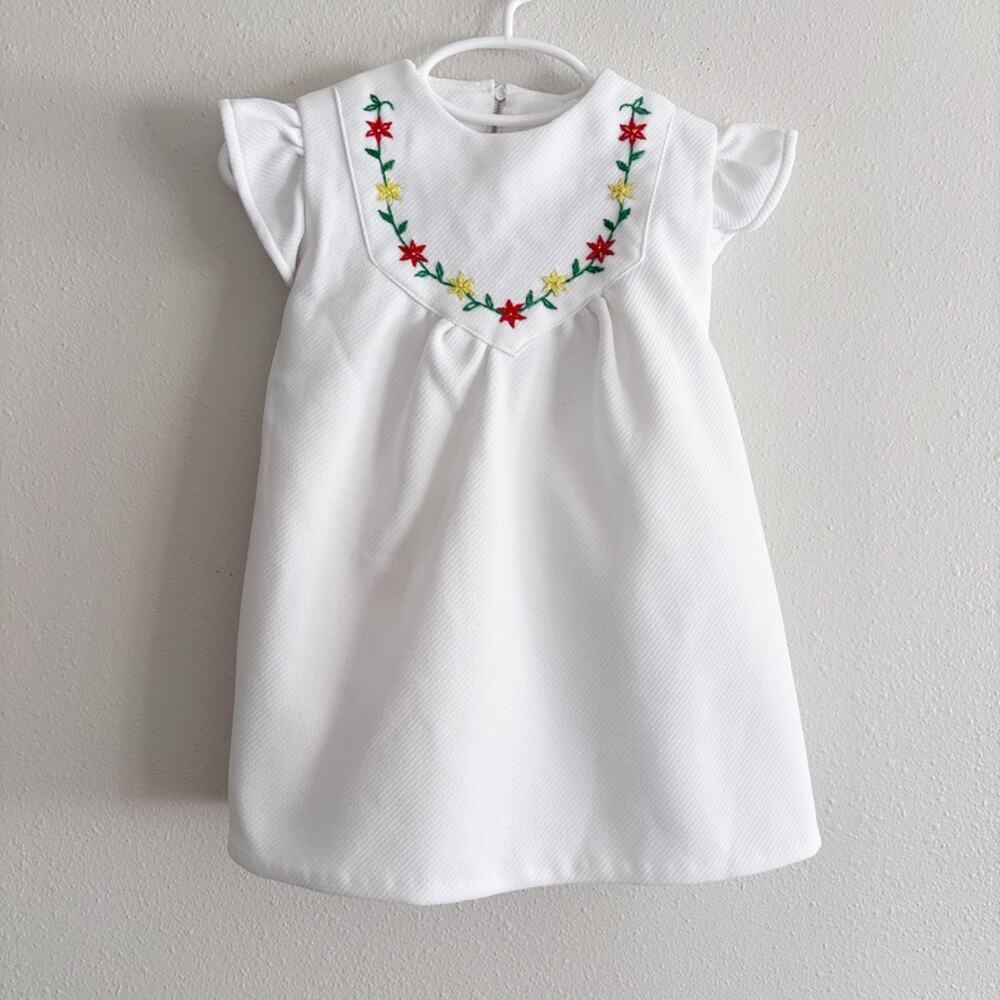 Vintage 70s 80s Baby White Dress Sz 18-24 mo Embroidered Ruffle Sleeves Formal